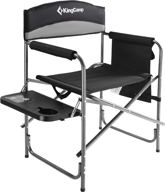 Kingcamp Camping Foldable Padded Director Arm Chair with Side Table and Pocket, Grey