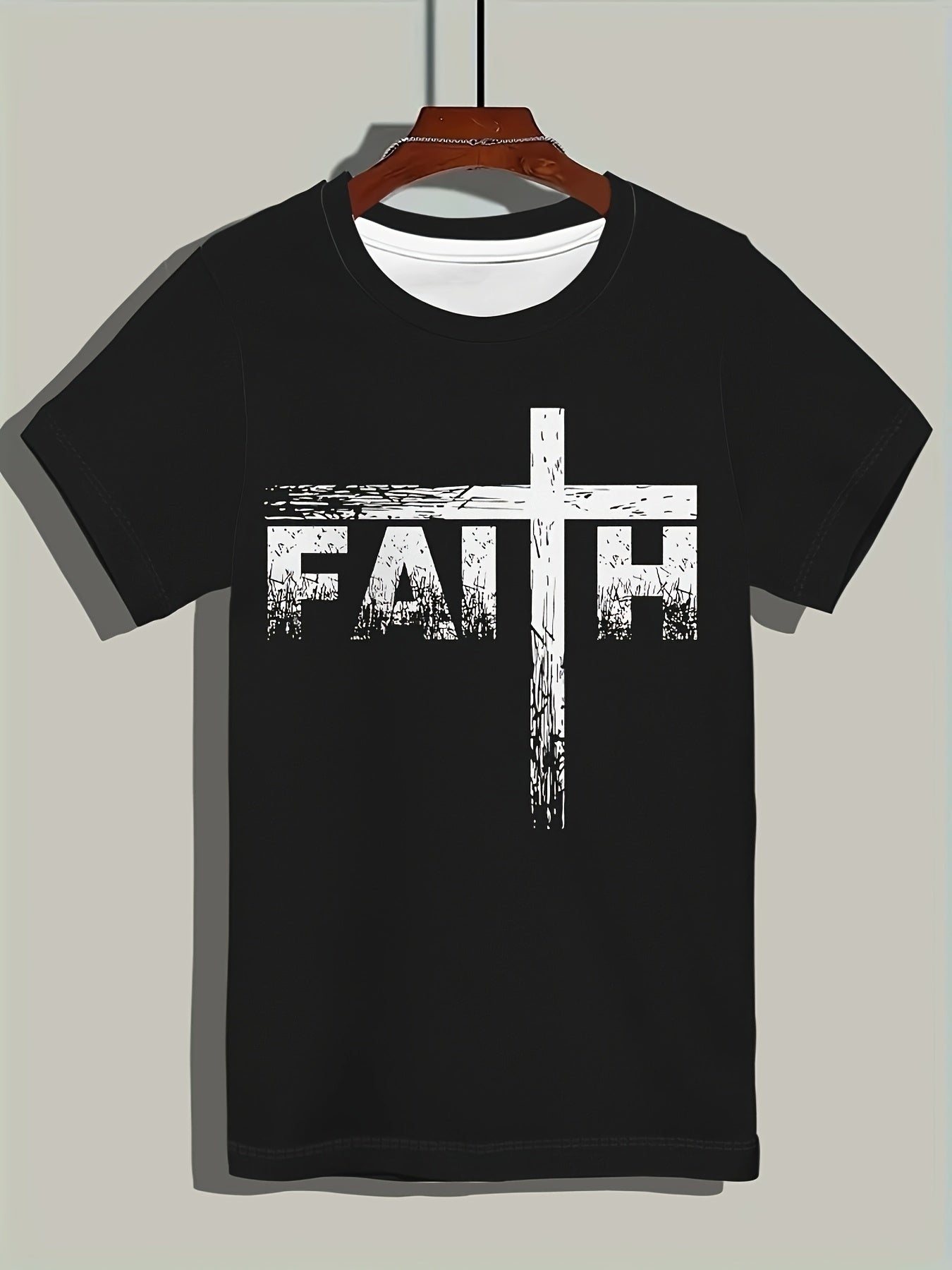 Men's Faith Pattern Printed T-shirt, Short Sleeved Round Neck T-shirt, Summer Outdoor Men's Clothing