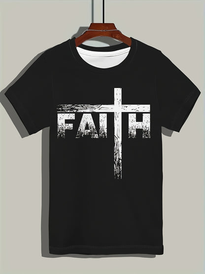 Men's Faith Pattern Printed T-shirt, Short Sleeved Round Neck T-shirt, Summer Outdoor Men's Clothing