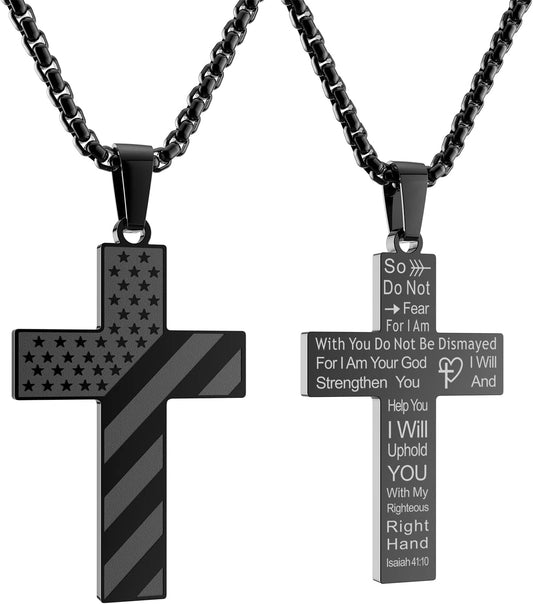 HOFOYA American Flag Black Cross Stainless Steel Chain Necklace With Bible Verse Christ Pendant Jewelry for Men 24 Inch Chains