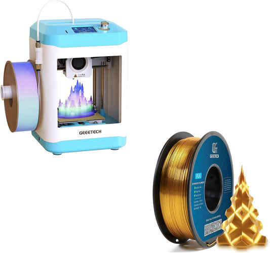 Geeetech 3D Printer for Kids Beginners + Silk Gold PLA Filament Bundle(1KG/Spool), Auto-Leveling, 250mm/s Speed, Child-Safe Design, Flexible Printing for Toys, DIY Projects – Classroom/Home Kit