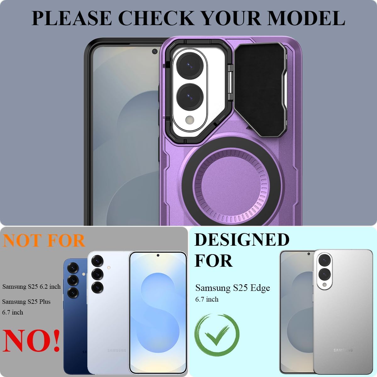 MMHUO for Samsung S25 Edge Case with Adjustable Camera Protector & Screen Protector,[Compatible with MagSafe] [Military Grade Protection] Shockproof Phone Case for Samsung Galaxy S25 Edge,Purple