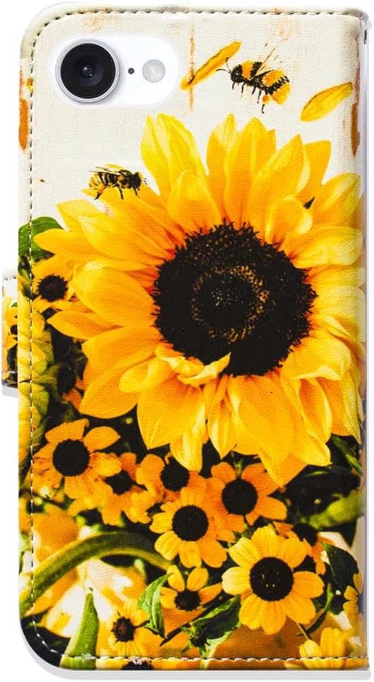 Case for iPhone 16e,Sunflower Bee Flip Phone Case Wallet Cover with Card Slot Holder Kickstand Case for iPhone 16e