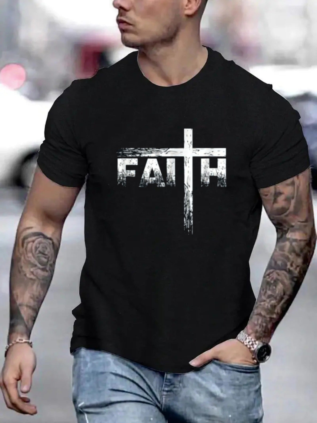 Faith Print Men's Round Neck Fashionable Short Sleeved Sports T-shirt, Comfortable And Versatile, Suitable For Summer And Spring, Sports Style, Comfortable Fit T-shirt, As A Gift