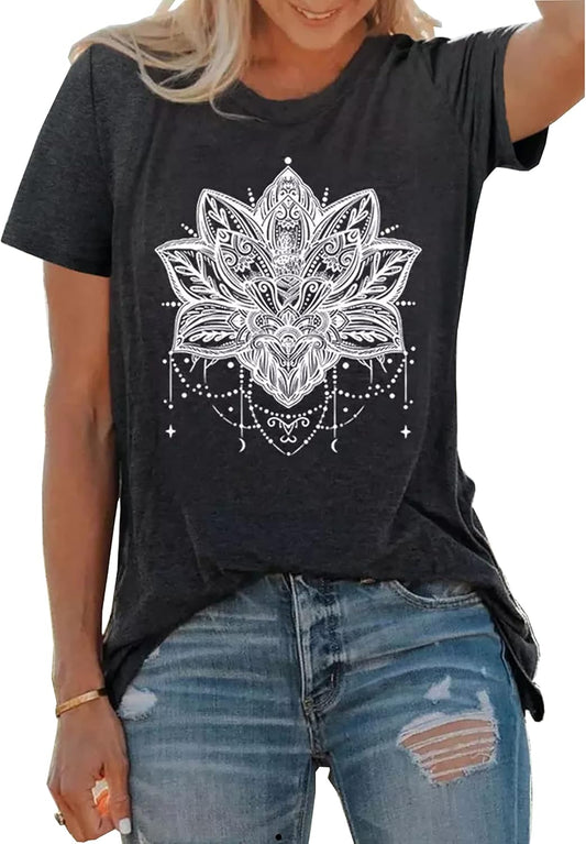 Mandala Shirt for Women Lotus Flower Graphic Tees Short Sleeve Casual Mandala T Shirts Tops
