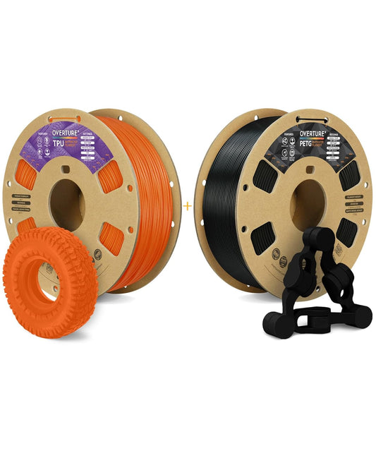 OVERTURE 3D Printer Filament 2kg, TPU Filament and PLA Filament Fit Most FDM 3D Printers, 1kg per Spool, Pack of 2,TPU Orange+PETG Black
