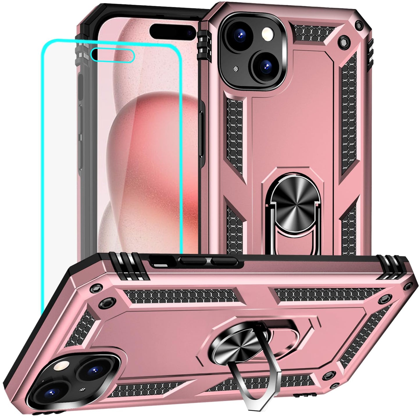 Yiakeng for iPhone 15 Case: iPhone 15 Phone Case with HD Screen Protector - Military Grade Protective Cases with Ring for iPhone 15(Blue)