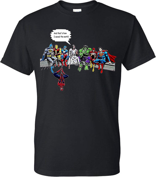 Gildan Jesus Superheros Christian Tshirt and Thats How I Saved The World Funny Spiderman Below Black Medium