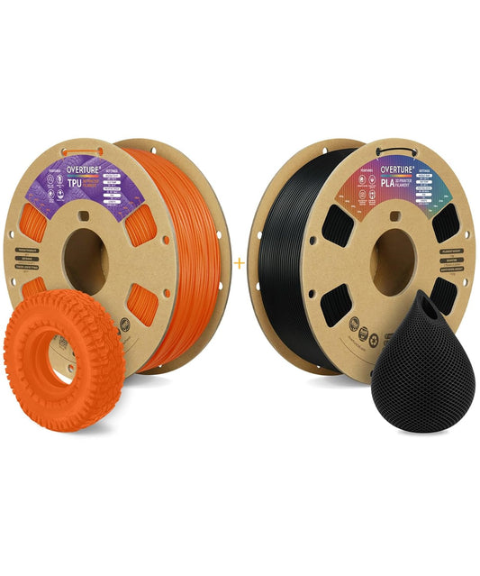 OVERTURE 3D Printer Filament 2kg, TPU Filament and PLA Filament Fit Most FDM 3D Printers, 1kg per Spool, Pack of 2,TPU Orange+PLA Black