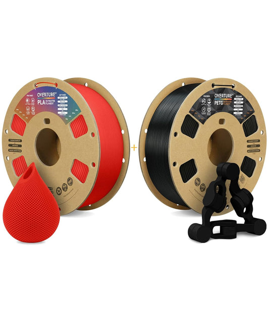OVERTURE 3D Printer Filament 2kg, PLA Filament and PETG Filament Fit Most FDM 3D Printers, 1kg per Spool, Pack of 2, PLA Red+PETG Black
