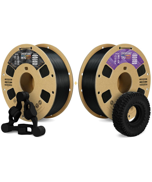 OVERTURE 3D Printer Filament 2kg, PETG Filament and PLA Filament Fit Most FDM 3D Printers, 1kg per Spool, Pack of 2, PETG Black+TPU Black