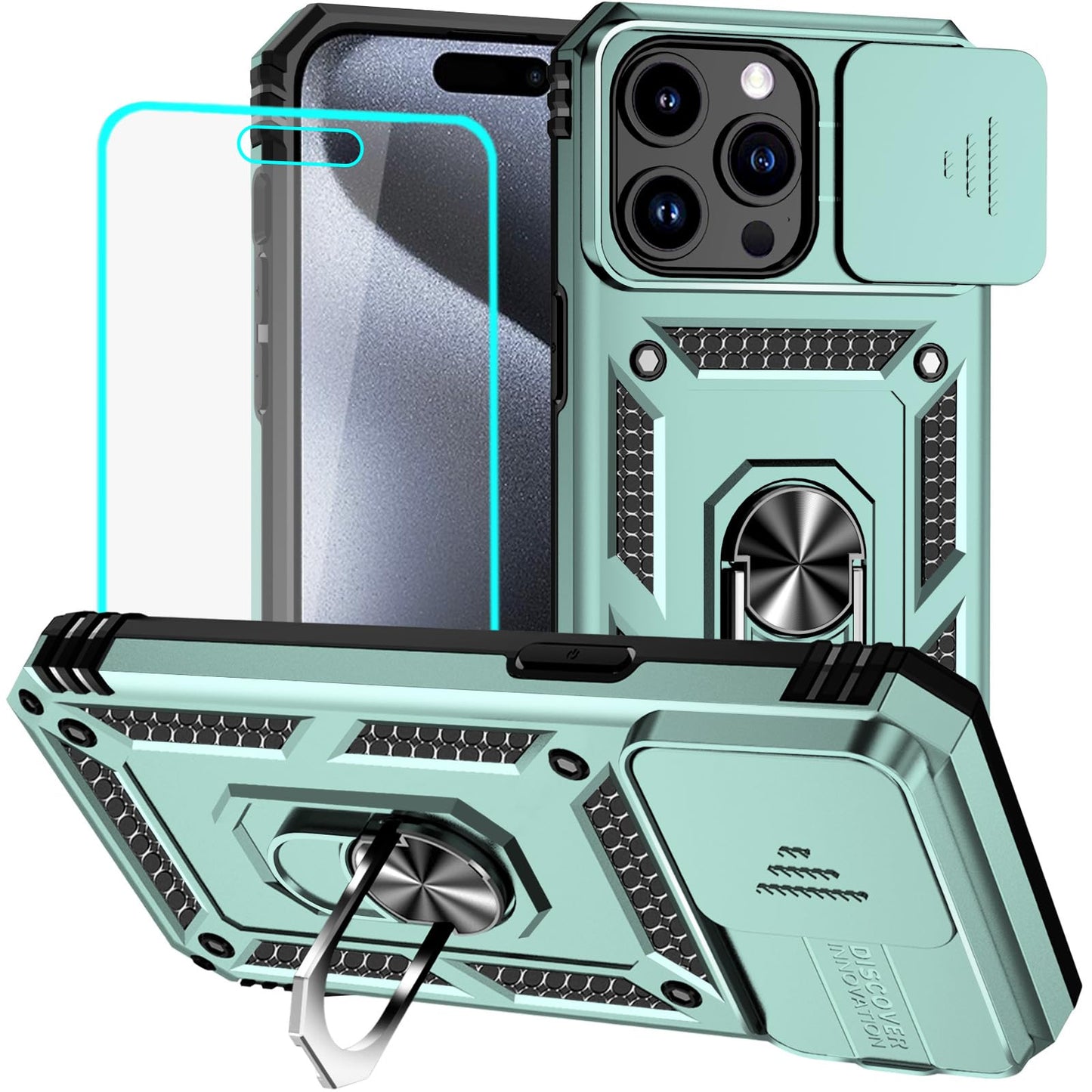 HNHYGETE for iPhone 15 Pro Case with HD Screen Protector: [Military Grade 20ft. Drop Tested] Ring Shockproof Protective Phone Case for - iPhone 15 Pro (Black)