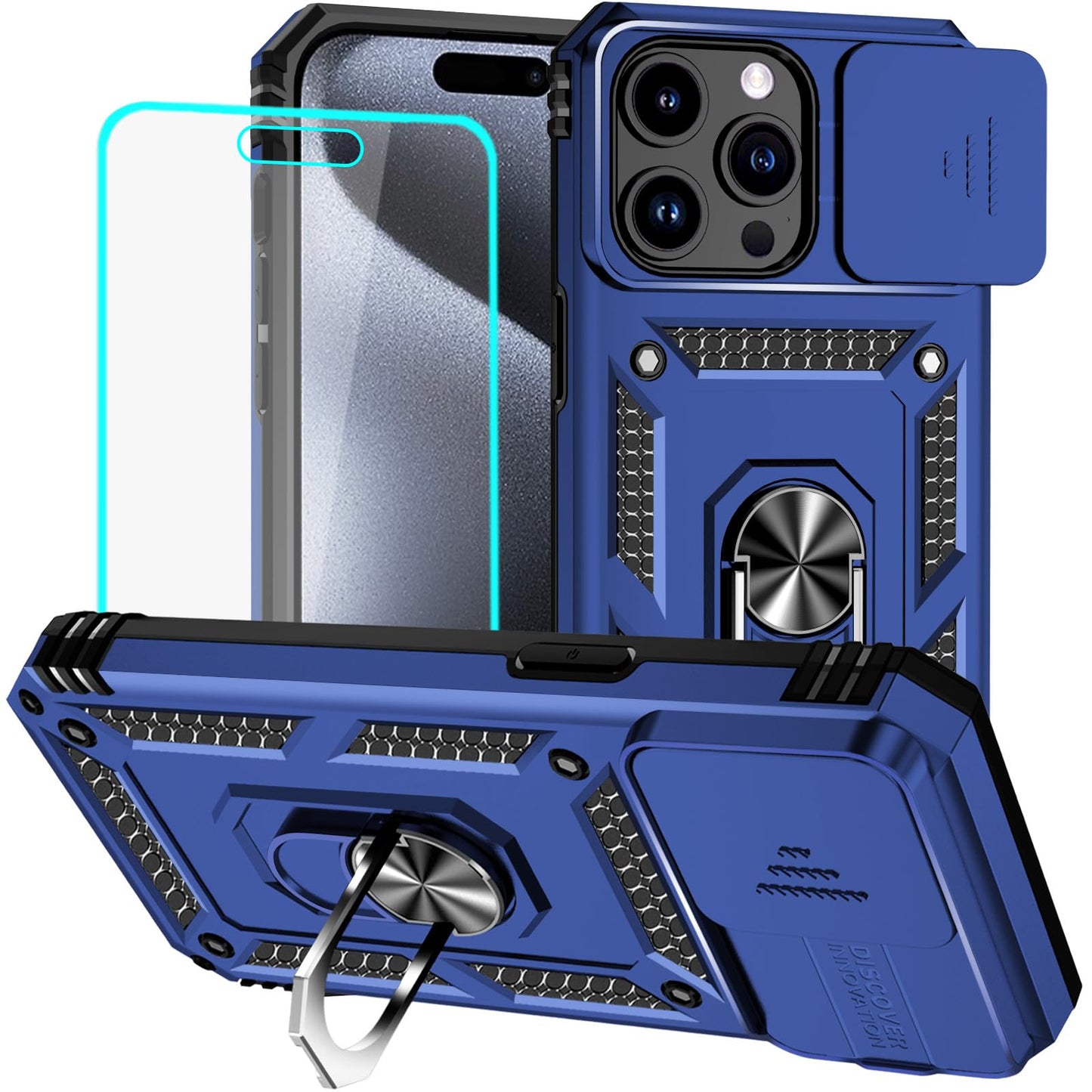 HNHYGETE for iPhone 15 Pro Case with HD Screen Protector: [Military Grade 20ft. Drop Tested] Ring Shockproof Protective Phone Case for - iPhone 15 Pro (Black)