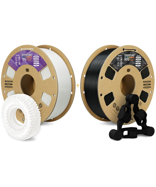 OVERTURE 3D Printer Filament 2kg, TPU Filament and PLA Filament Fit Most FDM 3D Printers, 1kg per Spool, Pack of 2,TPU White+PETG Black