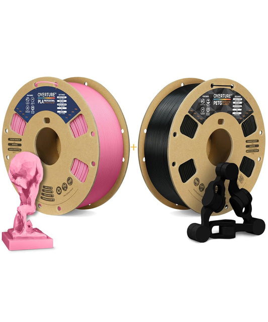OVERTURE 3D Printer Filament 2kg, PLA Plus Filament and PETG Filament Fit Most FDM 3D Printers, 1kg per Spool, Pack of 2, PLA Plus Pink+PETG Black