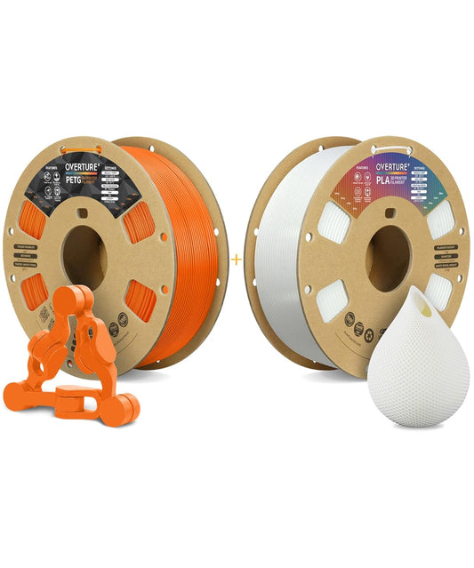 OVERTURE 3D Printer Filament 2kg, PETG Filament and PLA Filament Fit Most FDM 3D Printers, 1kg per Spool, Pack of 2, PETG Orange+PLA White
