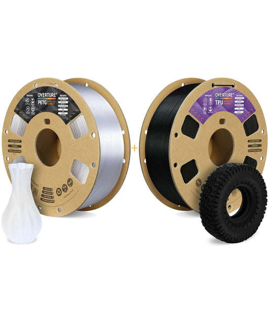 OVERTURE 3D Printer Filament 2kg, PETG Filament and PLA Filament Fit Most FDM 3D Printers, 1kg per Spool, Pack of 2, PETG Clear+TPU Black