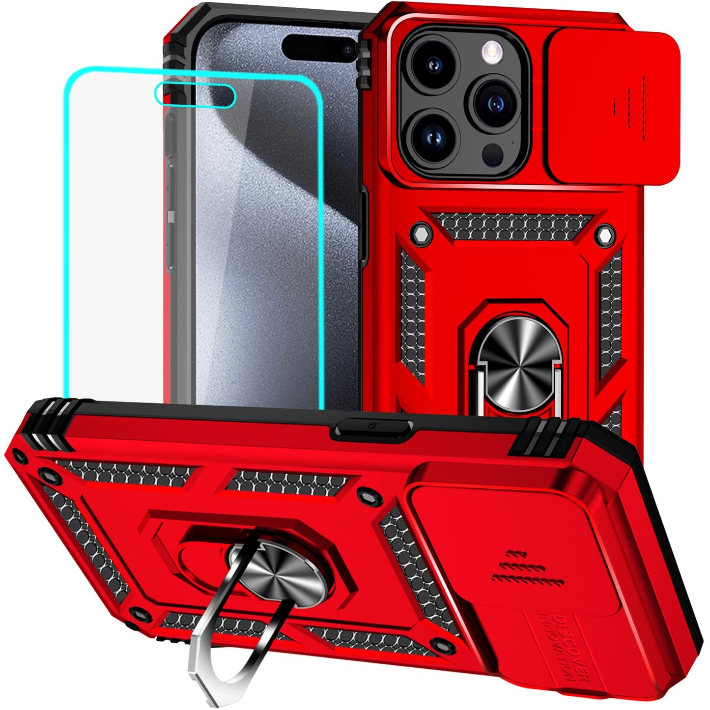HNHYGETE for iPhone 15 Pro Case with HD Screen Protector: [Military Grade 20ft. Drop Tested] Ring Shockproof Protective Phone Case for - iPhone 15 Pro (Black)