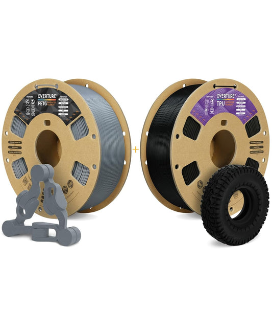 OVERTURE 3D Printer Filament 2kg, PETG Filament and PLA Filament Fit Most FDM 3D Printers, 1kg per Spool, Pack of 2, PETG Light Gray+TPU Black