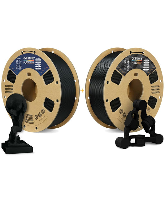 OVERTURE 3D Printer Filament 2kg, PLA Plus Filament and PETG Filament Fit Most FDM 3D Printers, 1kg per Spool, Pack of 2, PLA Plus Black+PETG Black