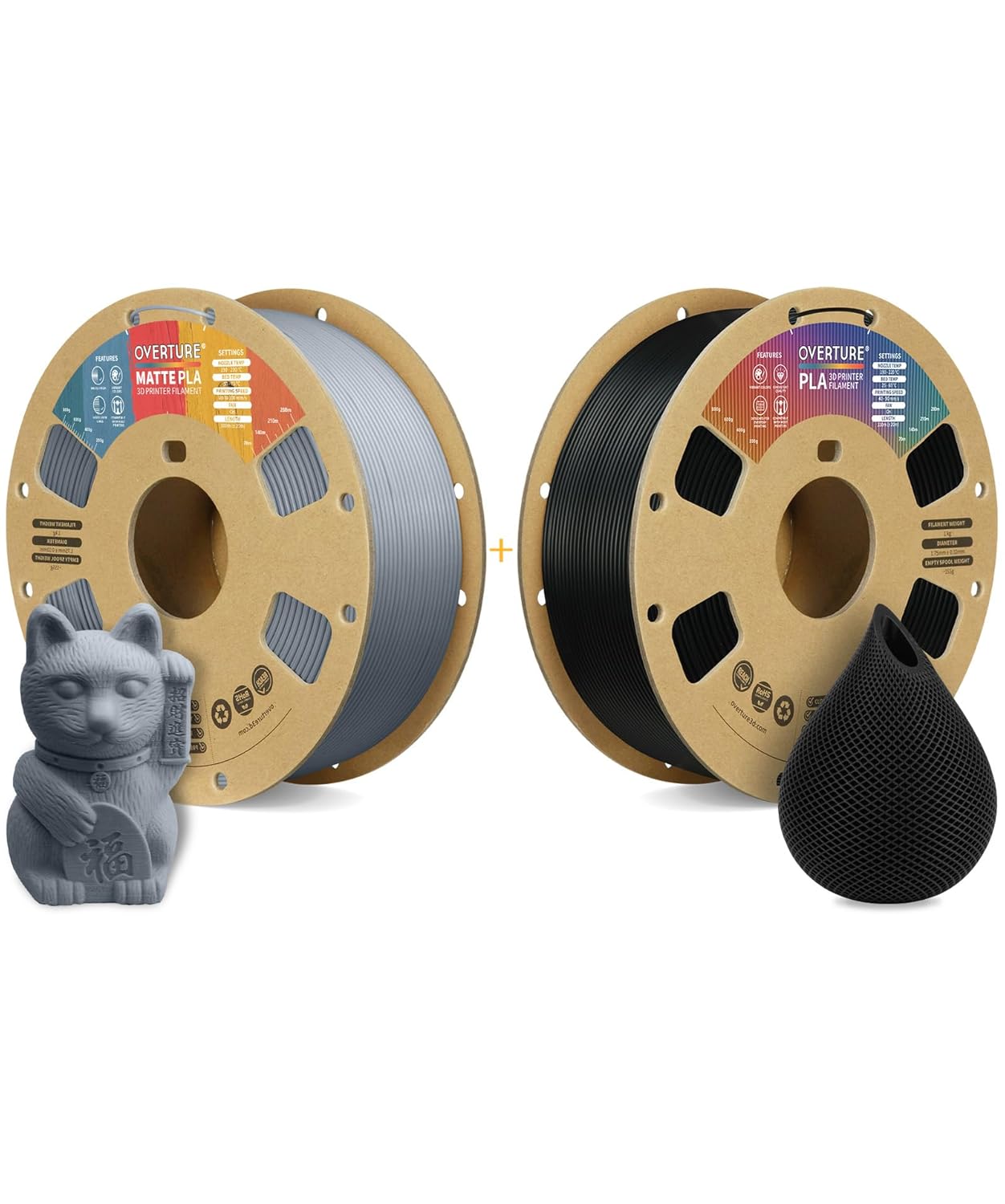 OVERTURE 3D Printer Filament 2kg, Matte PLA Filament and PLA Filament Fit Most FDM 3D Printers, 1kg per Spool, Pack of 2,Matte PLA Light Gray+PLA Black