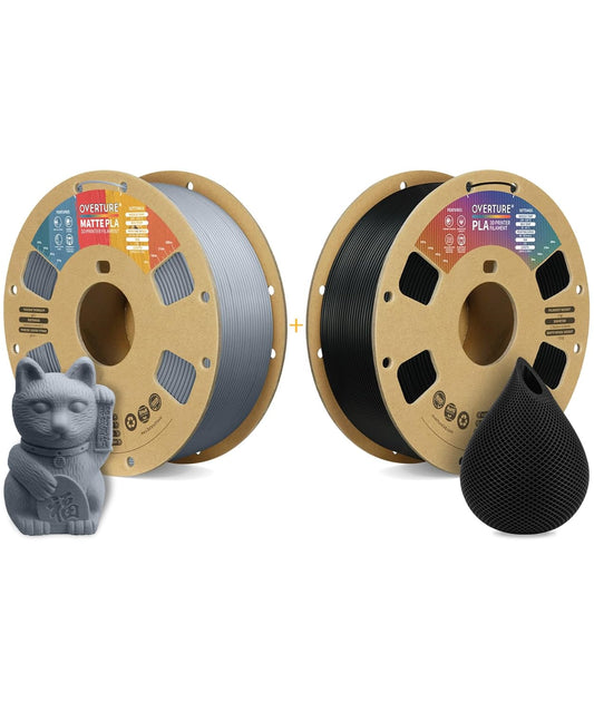 OVERTURE 3D Printer Filament 2kg, Matte PLA Filament and PLA Filament Fit Most FDM 3D Printers, 1kg per Spool, Pack of 2,Matte PLA Light Gray+PLA Black