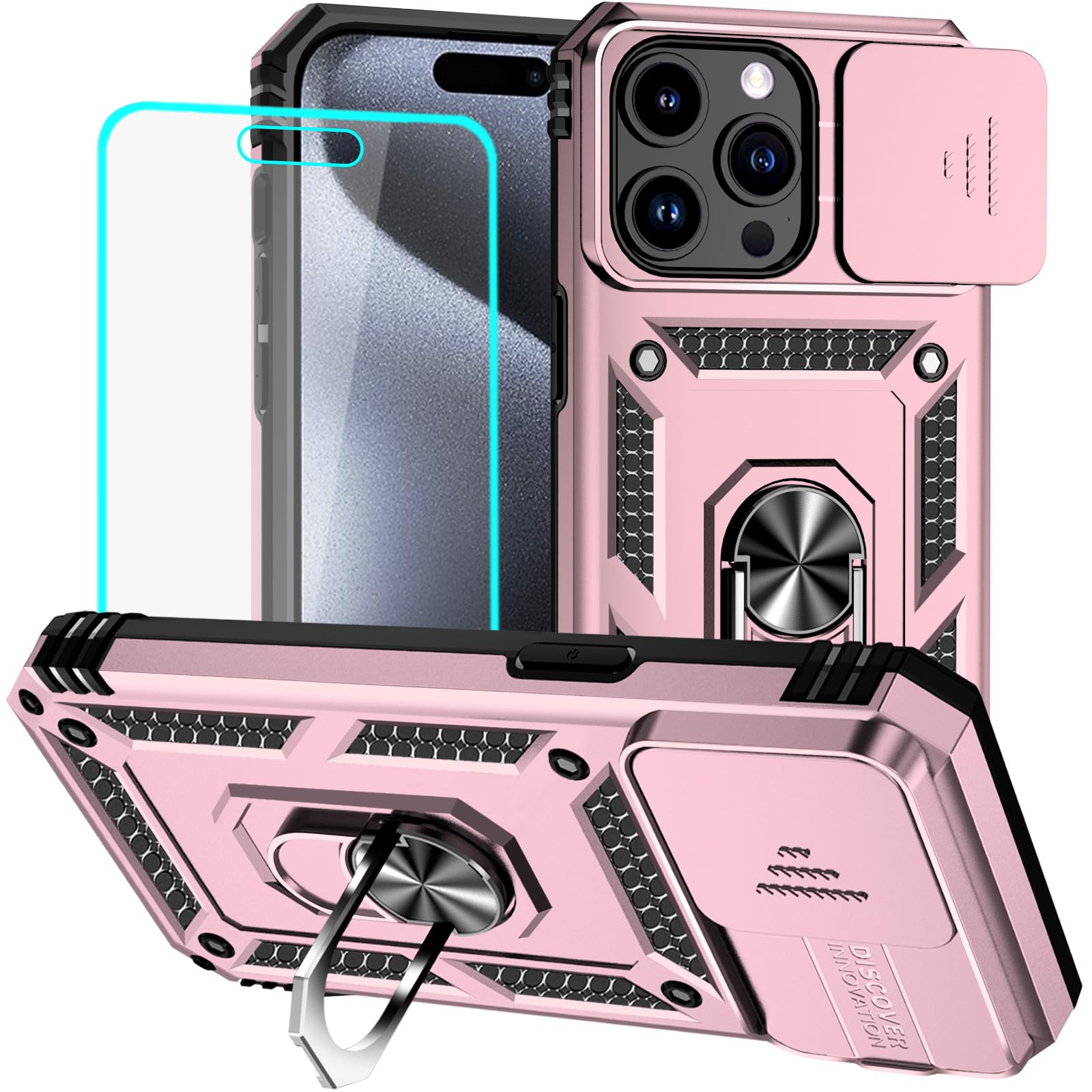 HNHYGETE for iPhone 15 Pro Case with HD Screen Protector: [Military Grade 20ft. Drop Tested] Ring Shockproof Protective Phone Case for - iPhone 15 Pro (Black)