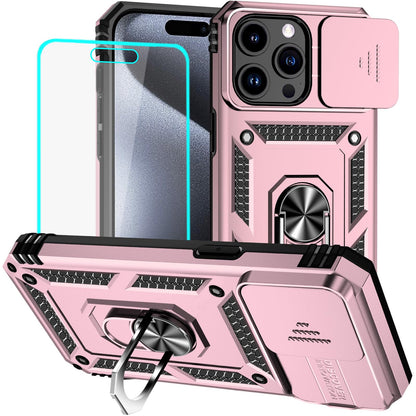 HNHYGETE for iPhone 15 Pro Case with HD Screen Protector: [Military Grade 20ft. Drop Tested] Ring Shockproof Protective Phone Case for - iPhone 15 Pro (Black)