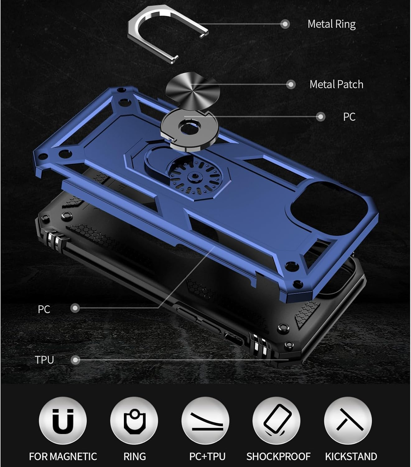 Yiakeng for iPhone 15 Case: iPhone 15 Phone Case with HD Screen Protector - Military Grade Protective Cases with Ring for iPhone 15(Blue)