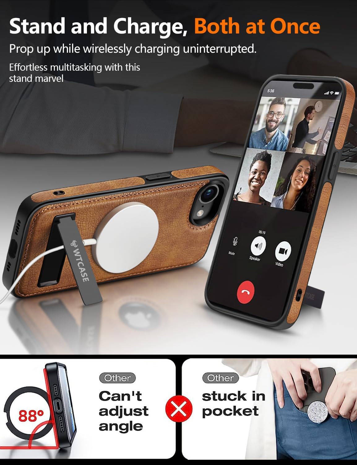 Magnetic for iPhone 16e Leather Case,Built-in Invisible Stand [Compatible with Magsafe] Protective Slim Kickstand Phone Cover Compatible with iPhone 16e (2025) 6.1" (Brown)
