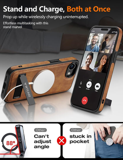 Magnetic for iPhone 16e Leather Case,Built-in Invisible Stand [Compatible with Magsafe] Protective Slim Kickstand Phone Cover Compatible with iPhone 16e (2025) 6.1" (Brown)