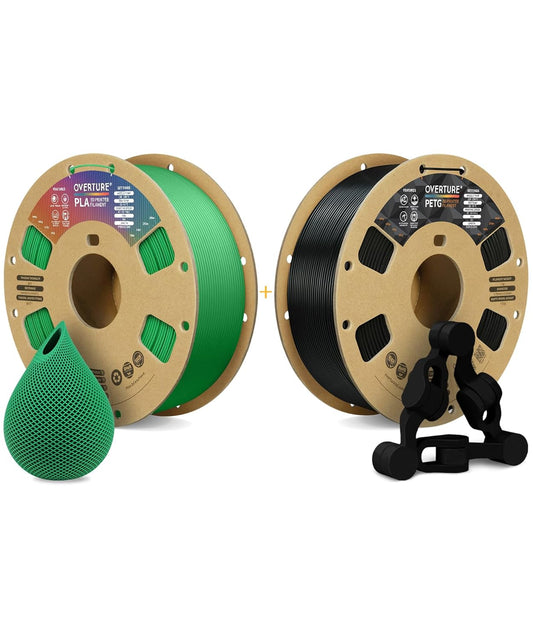 OVERTURE 3D Printer Filament 2kg, PLA Filament and PETG Filament Fit Most FDM 3D Printers, 1kg per Spool, Pack of 2, PLA Green+PETG Black