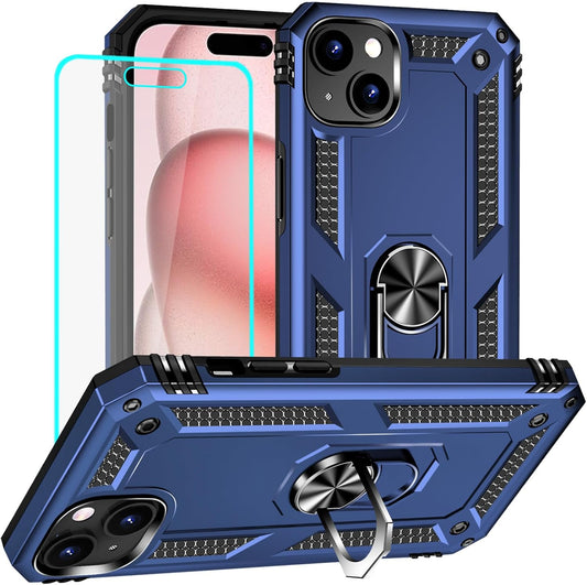 Yiakeng for iPhone 15 Case: iPhone 15 Phone Case with HD Screen Protector - Military Grade Protective Cases with Ring for iPhone 15(Blue)