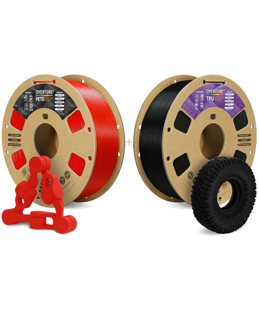 OVERTURE 3D Printer Filament 2kg, PETG Filament and PLA Filament Fit Most FDM 3D Printers, 1kg per Spool, Pack of 2, PETG Red+TPU Black