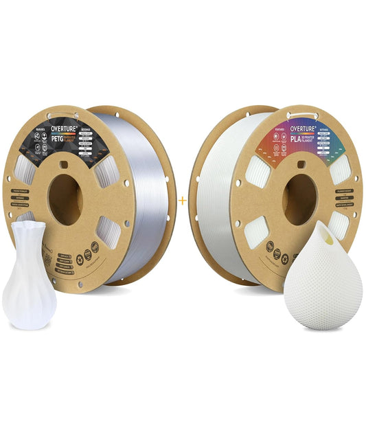OVERTURE 3D Printer Filament 2kg, PETG Filament and PLA Filament Fit Most FDM 3D Printers, 1kg per Spool, Pack of 2, PETG Clear+PLA White