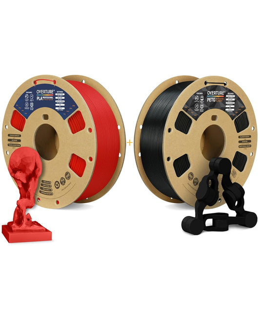 OVERTURE 3D Printer Filament 2kg, PLA Plus Filament and PETG Filament Fit Most FDM 3D Printers, 1kg per Spool, Pack of 2, PLA Plus Red+PETG Black