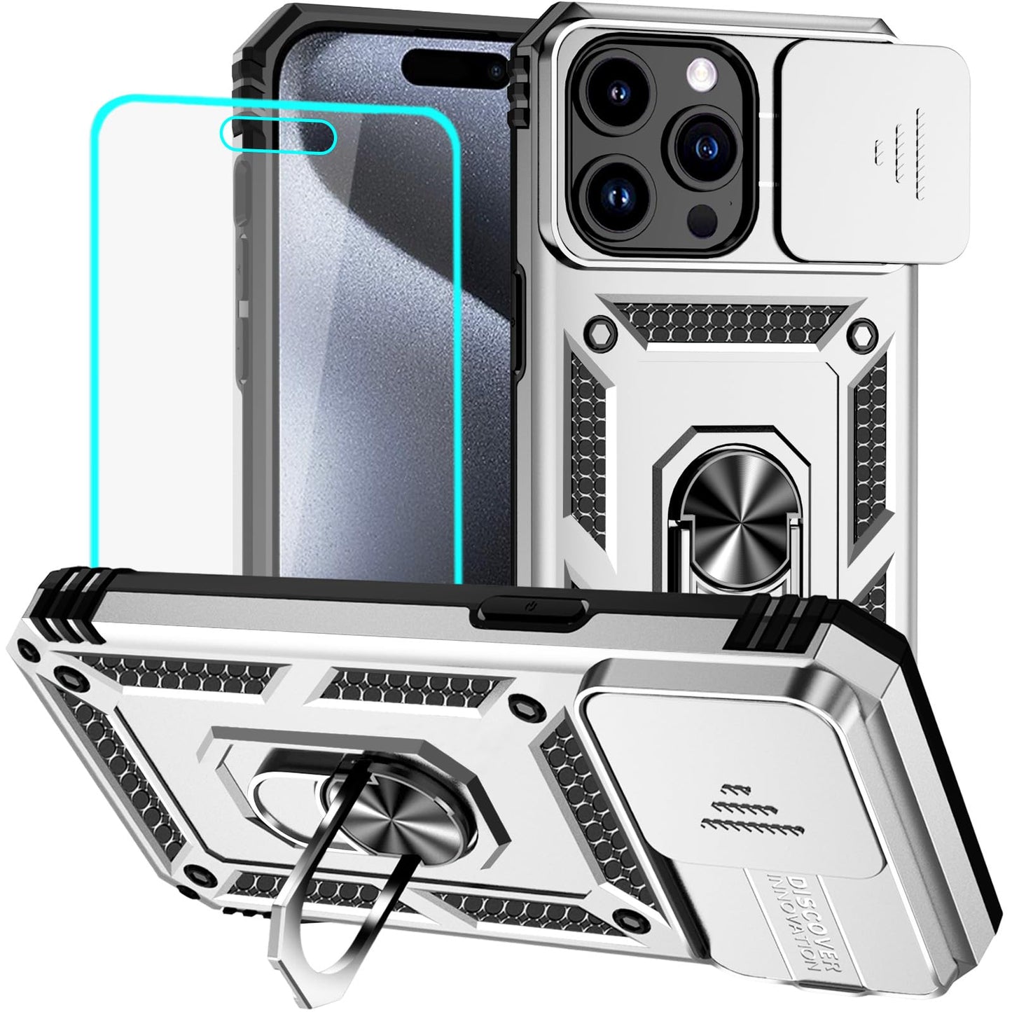 HNHYGETE for iPhone 15 Pro Case with HD Screen Protector: [Military Grade 20ft. Drop Tested] Ring Shockproof Protective Phone Case for - iPhone 15 Pro (Black)