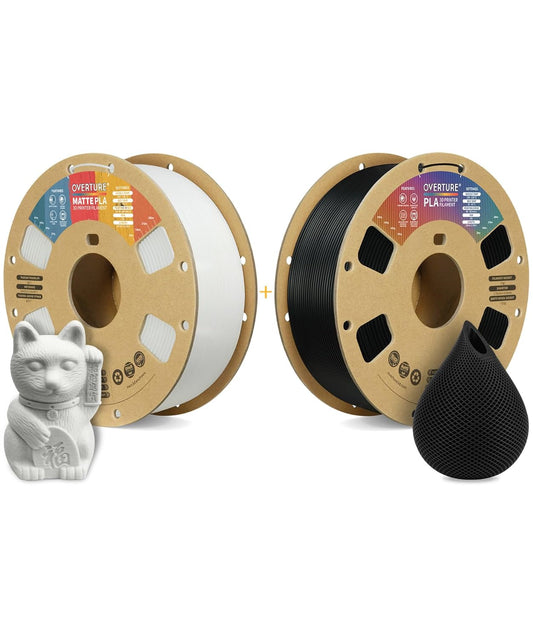 OVERTURE 3D Printer Filament 2kg, Matte PLA Filament and PLA Filament Fit Most FDM 3D Printers, 1kg per Spool, Pack of 2,Matte PLA White+PLA Black