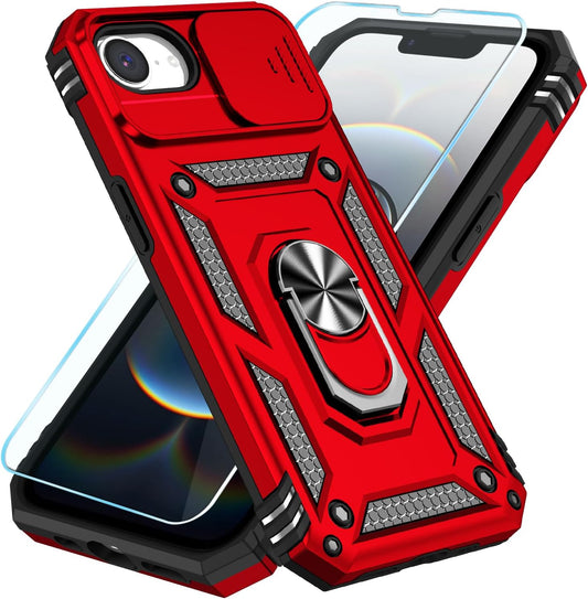 SunStory Compatible with iPhone 16e Case with HD Screen Protector & Slide Camera Cover & Rotated Ring Kickstand, [Military-Grade] Phone Case (Red, for iPhone 16e)
