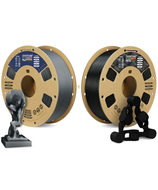 OVERTURE 3D Printer Filament 2kg, PLA Plus Filament and PETG Filament Fit Most FDM 3D Printers, 1kg per Spool, Pack of 2, PLA Plus Space Gray+PETG Black