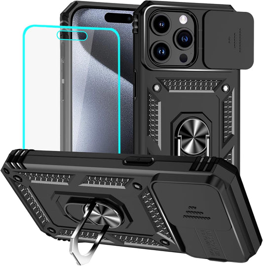 HNHYGETE for iPhone 15 Pro Case with HD Screen Protector: [Military Grade 20ft. Drop Tested] Ring Shockproof Protective Phone Case for - iPhone 15 Pro (Black)