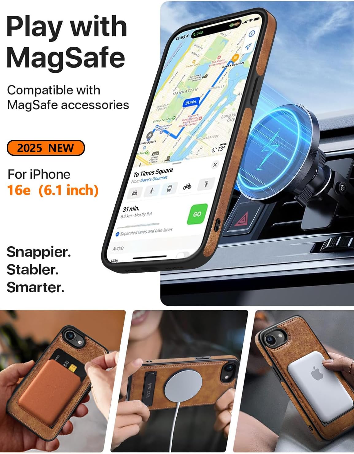 Magnetic for iPhone 16e Leather Case,Built-in Invisible Stand [Compatible with Magsafe] Protective Slim Kickstand Phone Cover Compatible with iPhone 16e (2025) 6.1" (Brown)