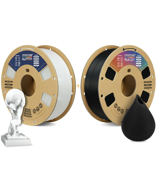 OVERTURE 3D Printer Filament 2kg, PLA Plus Filament and PLA Filament Fit Most FDM 3D Printers, 1kg per Spool, Pack of 2, PLA Plus White+PLA Black