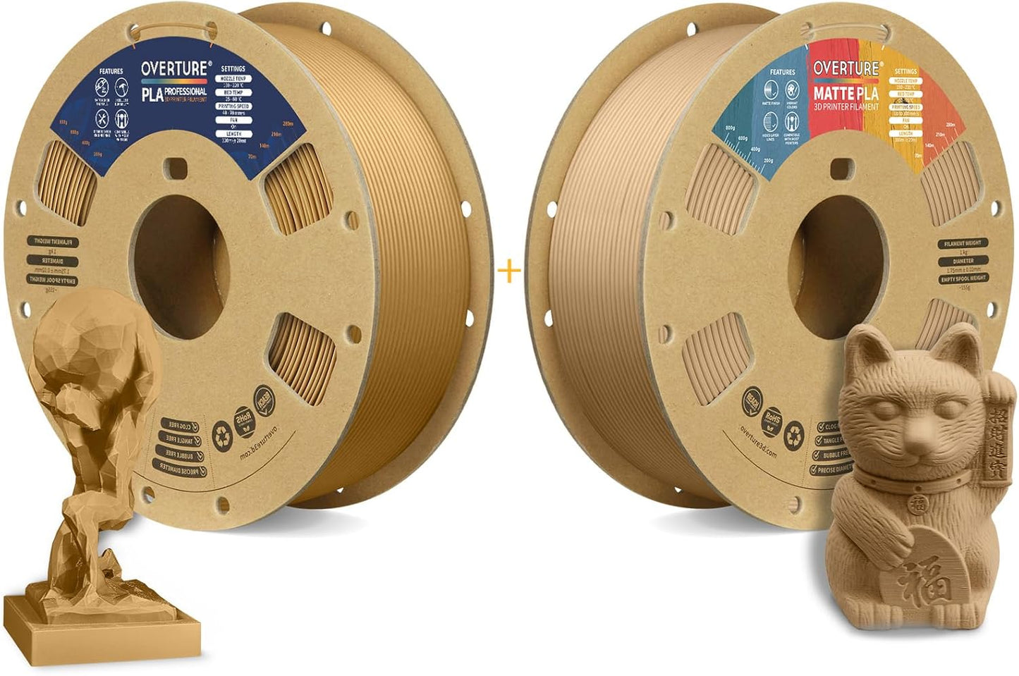OVERTURE 3D Printer Filament 2kg, PLA Plus Filament and PLA Filament Fit Most FDM 3D Printers, 1kg per Spool, Pack of 2, PLA Plus Brown+Matte PLA Brown