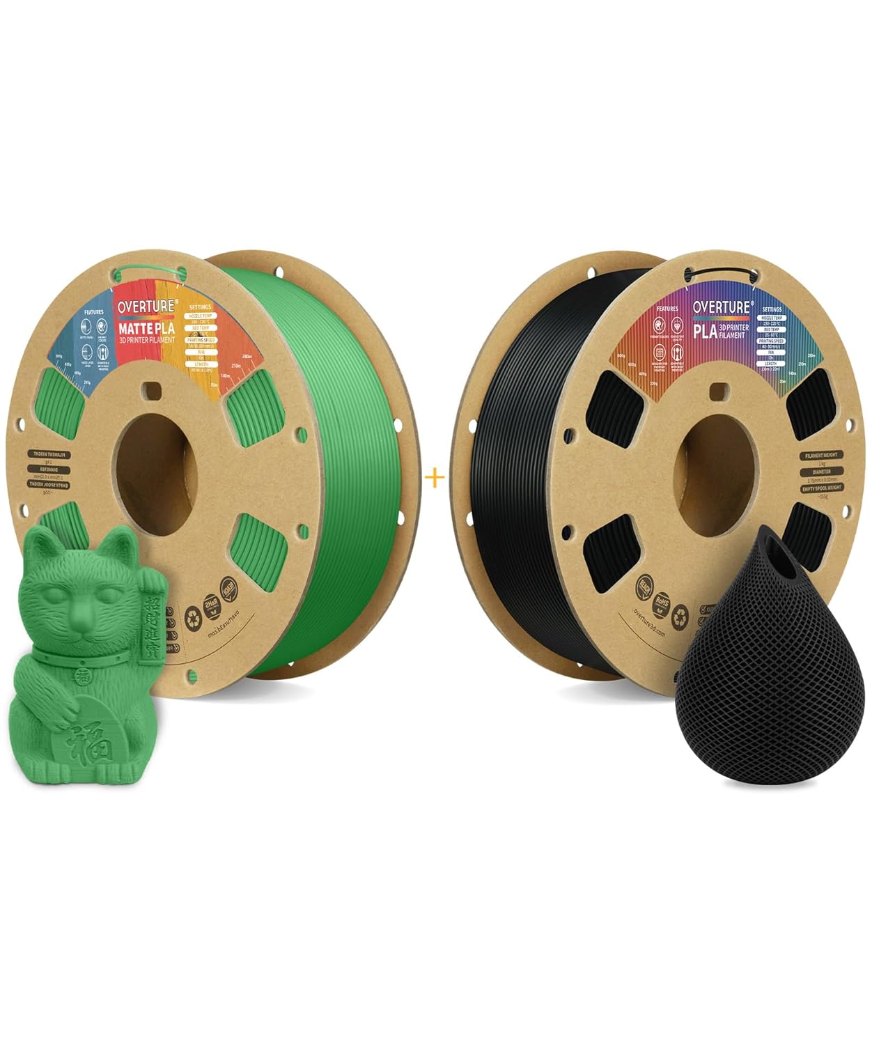 OVERTURE 3D Printer Filament 2kg, Matte PLA Filament and PLA Filament Fit Most FDM 3D Printers, 1kg per Spool, Pack of 2,Matte PLA Green+PLA Black