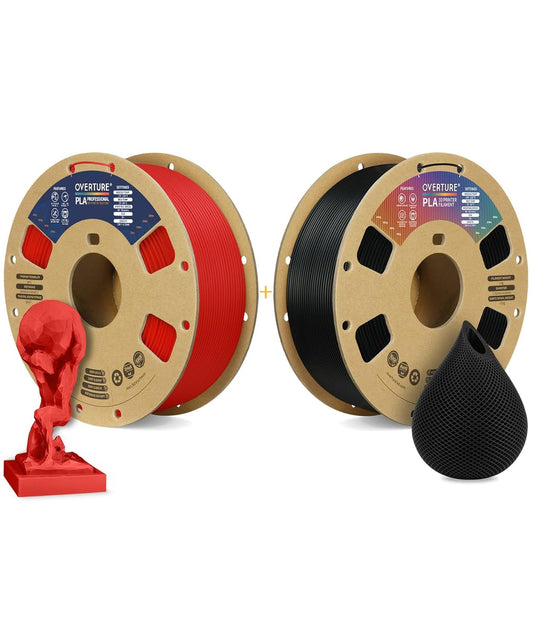 OVERTURE 3D Printer Filament 2kg, PLA Plus Filament and PLA Filament Fit Most FDM 3D Printers, 1kg per Spool, Pack of 2, PLA Plus Red+PLA Black