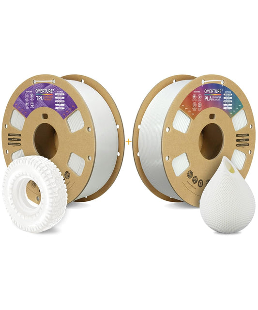 OVERTURE 3D Printer Filament 2kg, TPU Filament and PLA Filament Fit Most FDM 3D Printers, 1kg per Spool, Pack of 2,TPU White+PLA White