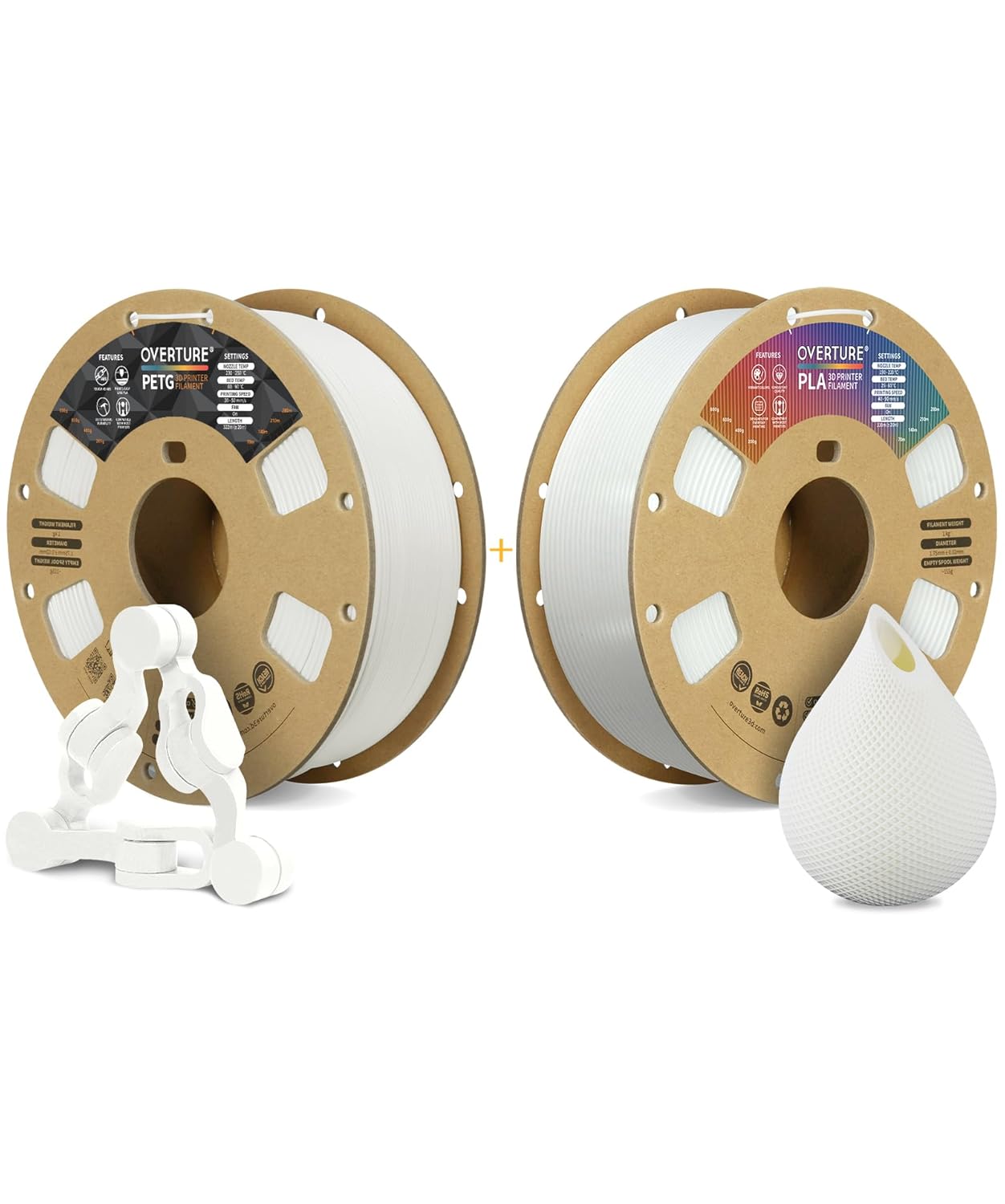 OVERTURE 3D Printer Filament 2kg, PETG Filament and PLA Filament Fit Most FDM 3D Printers, 1kg per Spool, Pack of 2, PETG White+PLA White