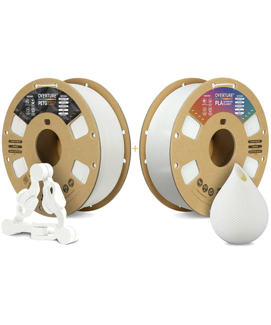 OVERTURE 3D Printer Filament 2kg, PETG Filament and PLA Filament Fit Most FDM 3D Printers, 1kg per Spool, Pack of 2, PETG White+PLA White