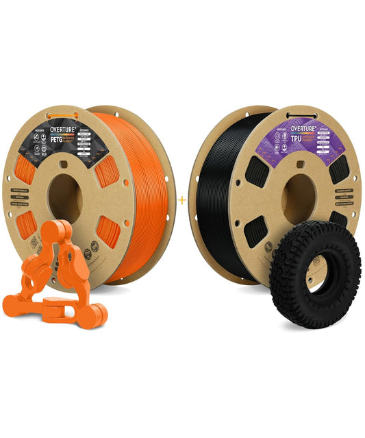OVERTURE 3D Printer Filament 2kg, PETG Filament and PLA Filament Fit Most FDM 3D Printers, 1kg per Spool, Pack of 2, PETG Orange+TPU Black